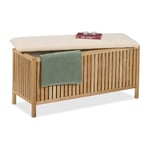 Relaxdays Coffre à Linge avec siège, Tabouret de Salle de Bain avec Espace de Rangement, 100 l, H x l x P : 50 x 100 x 38 cm, Bois/Tissu, Naturel/Blanc