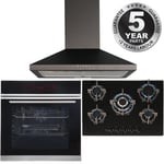 Black Pyrolytic Single Fan Oven, 70cm 5 Burner Gas Hob & Chimney Cooker Hood