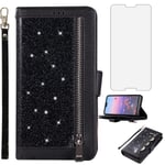 Asuwish Compatible with Huawei P20 Wallet Case and Tempered Glass Screen Protector Glitter Leather Flip Cover Zipper Card Holder Cell Phone Cases for Hwauei Hawaii P 20 20P EML-L09 EML-L29 Women Black