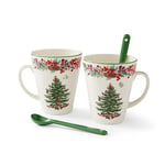 Spode Christmas Tree 2023 Annual 4pc Mug and Spoon Set | Christmas Mugs - Microwave & Dishwasher Safe | Cute Coffee Mugs | Porcelain Coffee Cup & Spoon | 13-Ounce Coffee Mug, Red