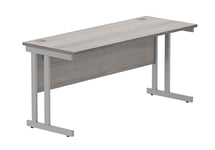 Office Hippo Essentials Rectangular Desks, Home Writing Computer Desk Office Desk For Work Place Or Home, Home Office Desk With Cable Port Management, Silver Frame, Alaskan Grey Oak 160cm x 60cm