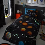 Kids Planets Space Rockets Glow In The Dark Navy Blue Duvet Cover Set