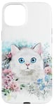 Coque pour iPhone 15 Plus Chat blanc moelleux avec couronne florale yeux bleus design mignon