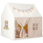 Tente de Jeux Enfant avec Guirlandes Lumineuses Étoiles & Drapeau, Cabane Enfant Interieure avec Tapis Lavable, Poche Latérale, Style Princesse pour