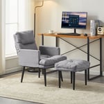 CLIPOP Fauteuil d'oreille avec Tabouret, tissu de lin Fauteuil de détente Moderne avec 5 Angles de Dossier réglables, gris clair