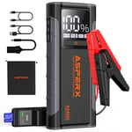 AsperX Booster Batterie Voiture 2500A, Chargeur Batterie Voiture 12V Portable (Jusqu’à 8,0L Gaz ou 6,5L Gazole), Démarreur Batterie Voiture avec Lampe LED et Ecran LCD de 1,4 Pouces