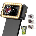 APEXEL Objectif Macro pour iPhone 15 Pro, Objectif d'appareil Photo de téléphone 3 en 1 avec lumière LED + Adaptateur d'objectif fileté de 17 mm pour iPhone, Samsung, Huawei