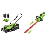 Greenworks Lawn Mower, 2x24V Mower 36cm Cutting Up to 250m² Width with 40L Grass Catcher and 5-Fold Central Cutting Height Adjustment+Hedge Trimmer with Rotating Handle + 2x24V 2Ah Battery + Charger