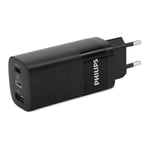 Philips DLP2681/12 - Chargeur Secteur avec Puissance de Sortie de 65 W - Double Sortie USB-A et USB-C - Noir