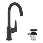 GROHE Start Mitigeur Monocommande Lavabo, Robinet Salle de Bains, Taille L, Economie d'Eau, Installation Facile, Rotation 360°, Tirette et Vidage, Noir Mat, 242032432