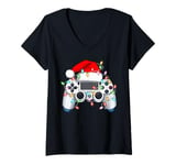 Womens Xmas Lights Santa Hat Video Game Controller Gamer Christmas V-Neck T-Shirt