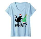 Womens Funny Cat What Santa Black Cat Pushing Christmas Tree V-Neck T-Shirt