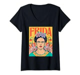 Womens Frida Kahlo - Frida Floral Portrait V-Neck T-Shirt