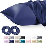 Seiwohl Satin Silk Pillowcases for Hair and Skin Navy Blue Pillow cases 2 Pack with Hair Silk Scrunchies for women, Cooling Pillow cases with Envelope Closure, Standard Size 50x75 cm