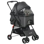 PawHut Poussette pour chiens 3 en 1, poussette buggy pliable animaux, 4 roues, panier de transport avec poignée amovible, coussin, auvent réglable, tissu Oxford, gris