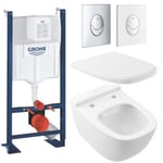 Pack WC suspendu sans bride VILLEROY ET BOCH Antheus DirectFlush + abattant + bâti support GROHE Rapid SL et plaque blanche