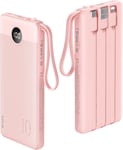 VRURC 10000mAh Power Bank With Built in Cables,USB C Battery Pack Pink 