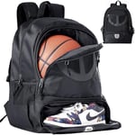 Sac à dos de basket-ball pour homme et femme avec compartiment pour ballon et chaussures - Capacité de 30 l - Léger et respirant - Pour volley-ball, football, sport, voyage, école, gym - Noir