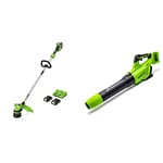 Greenworks Le Coupe-Herbe sans fil2 X 24V Comprend Une Batterie 2 x 2Ah, Un Chargeur à Double Fente et Un souffleur de Feuilles axial alimenté par Batterie 2x24V Outil GD24X2AB Uniquement