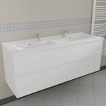 Meuble double vasque 140 cm ROSALY- Blanc- Plan vasque en - Blanc