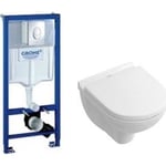 Komplet pakkeløsning med GROHE cisterne, trykknap, Villeroy & Boch væghængt toilet og soft close toiletsæde