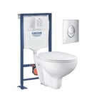 Pack WC suspendu sans bride GROHE Bau ceramic + Bâti support Solido + abattant + plaque ovale chromé