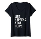 Womens Life Happens Yoga Happens Funny Meditations Practice V-Neck T-Shirt