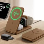 Qi2 Station De Charge Sans Fil 3 En 1,15w Chargeur Apple Watch[Certifie]Et Support De Magsafe Pour Iphone,Pour Plusieurs Appareils,Iphone 16/15/14/13,Montre Et Airpods 4,Brun