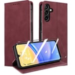 QHOHQ Tenphone Coque pour Samsung Galaxy A15 4G/5G [avec A15 Verre Trempé], [RFID Blocage], Etui Protection Housse Premium en Cuir PU, [Multifonctionnel] Magnétique Flip Case (Rétro) - Rouge vin