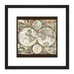 Van Schagen 1689 Map Of The World 8X8 Inch Square Wooden Framed Wall Art Print Picture with Mount