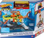 Hot Wheels City Station de lavage express Coffret avec 1 véhicule Hot Wheels, se connecte aux autres pistes et coffrets, cadeau pour enfants de 4 à 8 ans, HDR27