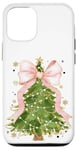 Coque pour iPhone 12/12 Pro Coquette rose avec nœud en ruban et sapin de Noël vert pour fille