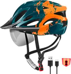 RaMokey Bike Helmet for Men and Women, Lightweight Cycle Helmet with LED Light Magnetic Goggle Sun Visor, Mountain & Road Bicycle Helmets for Adult Cycling Adjustable Size 57-62cm (Green+Orange)