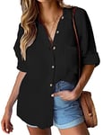 HOTOUCH Womens Casual Tunic Blouse V Neck Rolled Up Sleeve Button Down Shirts Cotton Elegant Plain Loose Shirts Polo Tops Black L