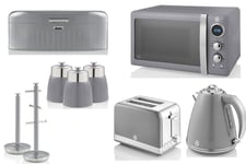 SWAN Retro Grey Matching Set of 9 - Kettle Toaster Microwave & Kitchen Storage