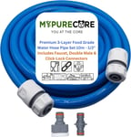 MYPURECORE Premium 3-Layer Food Grade Water Hose Pipe | 10M, 1/2" | Includes Fau