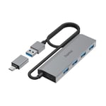 Hama Hub USB, 4 Ports, USB 3.2 Gen1, 5 Gbit/s, Adaptateur USB-C et Bloc Secteur, Garantie 10 Ans, Gris