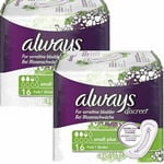 Always Discreet Sensitive Bladder Incontinence Pads Liners Small Plus - 32 Pack