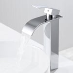 Mitigeur lavabo haut cascade, Auralum Nouveau robinet salle de bain silencieux, robinet vasque à poser en acier inoxydable, 30% d'économie d'eau, chromé