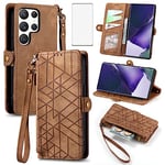 Asuwish Phone Case for Samsung Galaxy S22 Ultra 5G Wallet Cover with Tempered Glass Screen Protector and Flip Zipper Card Holder Stand Cell Accessories S22ultra 22S S 22 S22ultra5g 6.8 Women Men Brown