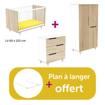 Sauthon Chambre bébé complète Baltic Bois : lit 60x120 têtes blanches, commode, armoire, plan à langer offert