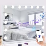 FENCHILIN Miroir Maquillage avec 15 Ampoules LED Haut-Parleur Bluetooth Miroir Coiffeuse Lumineux avec Port USB Grand Miroir Maquilleur Lumineux avec 3 Modes Déclairage Miroir Hollywood Coiffeuse