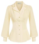 Chic Chemisiers Femme Col en V Revers Vintage Blouse Manche Longue Taille Elastique Trapèze Formel pour Travail Bureau Cérémonie Beige -5 M