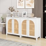 Yoleo - Buffet Bas Moderne - 4 Portes en rotin + 6 Étagères - Meuble d'Entrée mdf - Armoire de Salon Etagères réglables - 145x80x40cm Blanc