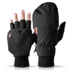 THE HEAT COMPANY - HEAT 2 SOFTSHELL - fingerless touchscreen glove and mitten in one - quality from the Alps - warm winter & bicycling gloves - against cold during sports & work – Black, M