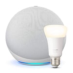 Echo (4e génération), Blanc + Philips Hue White ampoule connectée (E27), Fonctionne avec Alexa - Kit de démarrage Maison connectée