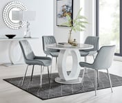 Giovani Round 4 Seat 100cm White High Gloss Halo Base Grey Glass Top Dining Table 4 Soft Velvet Silver Leg Pesaro Chairs