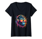 Womens Monkey DJ Disco Music Lover Headphones Gorilla Chimpanzee V-Neck T-Shirt