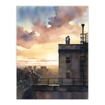 Secret Romance Watercolour Painting Orange Purple Couple On The Roof Watching A City Sunset Bedroom Art Unframed Wall Art Print Poster Home Decor Prem