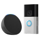 Amazon Battery Video Doorbell Plus & Echo Pop (1st Gen, Charcoal) Smart Speaker with Alexa Bundle, Silver/Grey